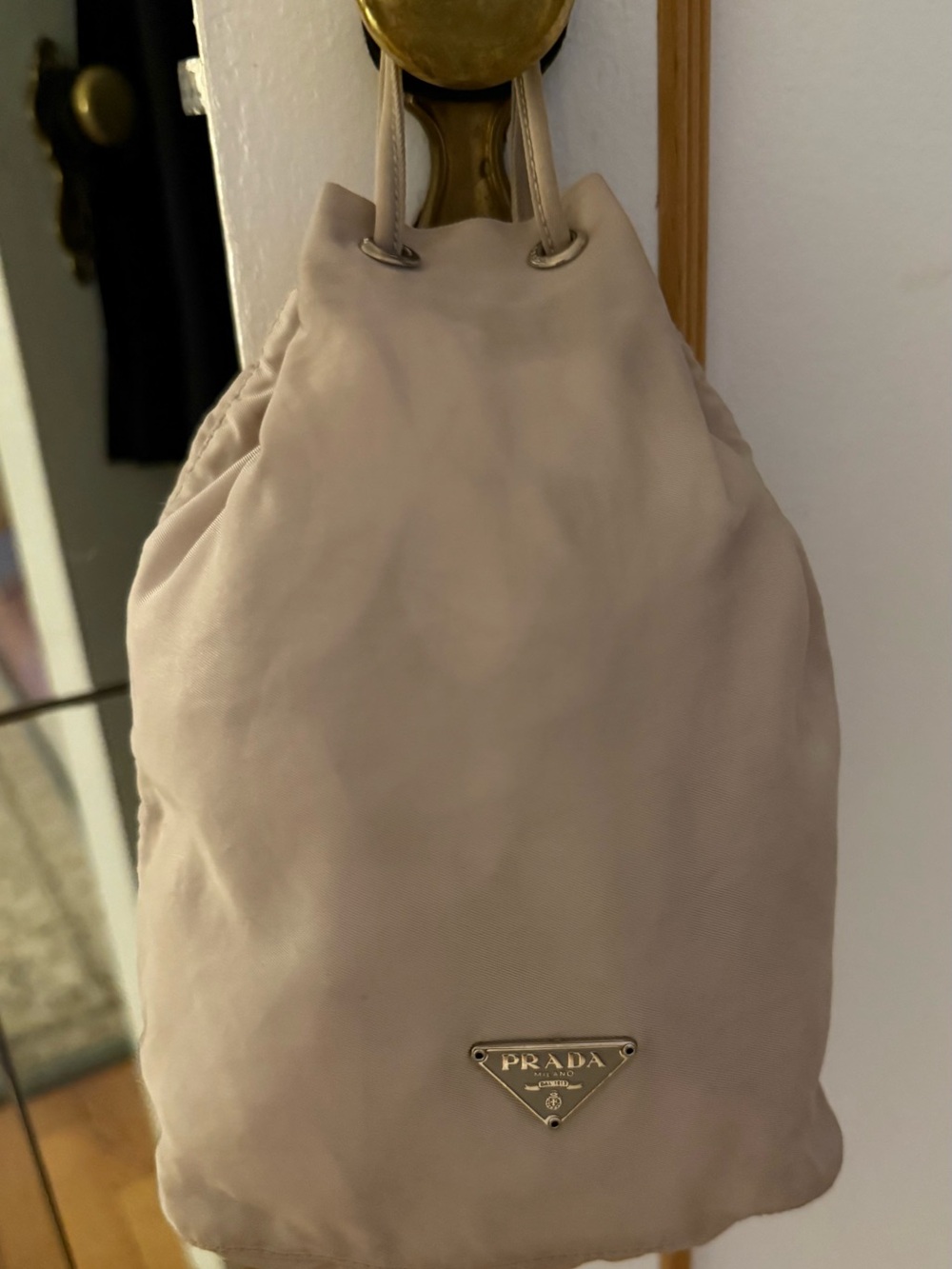 Authentic PRADA vintage90S Neutral  color nylon pouch/drawstring mini bucket bag